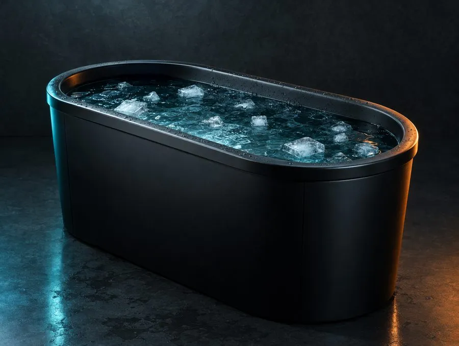 A black cold plunge tub filled with icy water