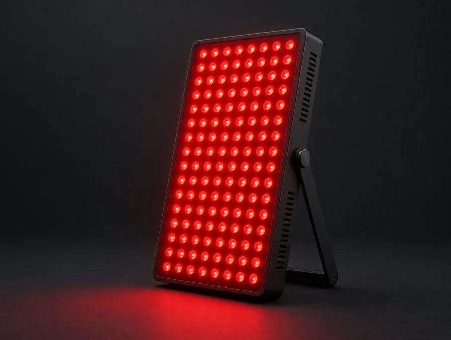 A red light therapy panel glowing on a stand